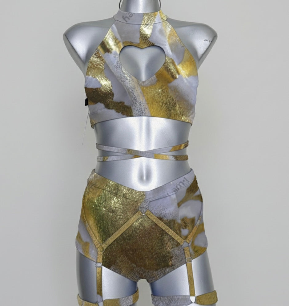 Conjunto corazón holograma dorado terciopelo