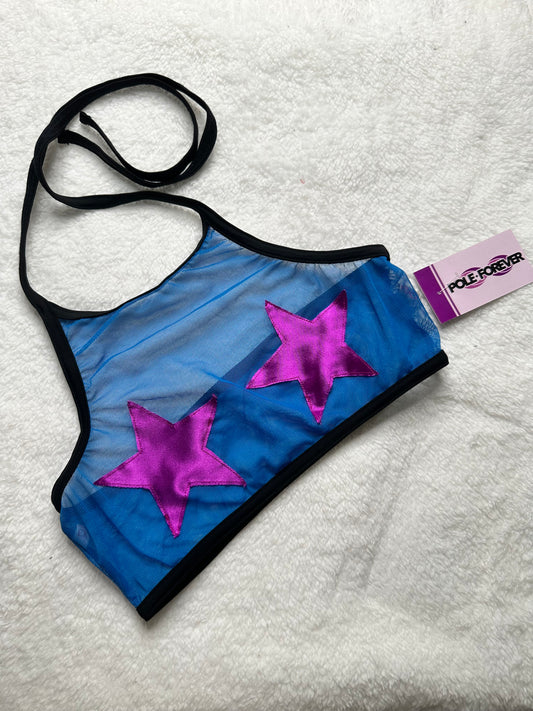 Top Halter de Malla con Estrellas – Pole Dance, Fitness, Twerk y Swimwear ✨⭐ azul/rosa satinado