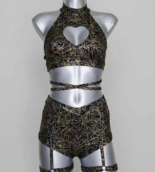 Conjunto corazón holograma negro/dorado