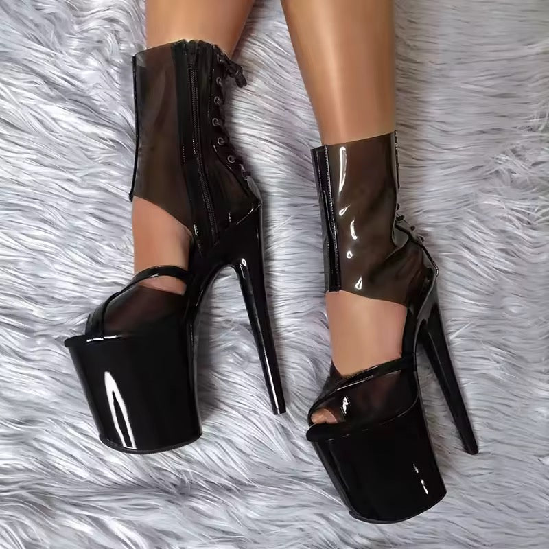 Botines Pole Dance Plataforma Snake Print con Vinil Transparente — Ultra Altos, Sexy y Resistentes