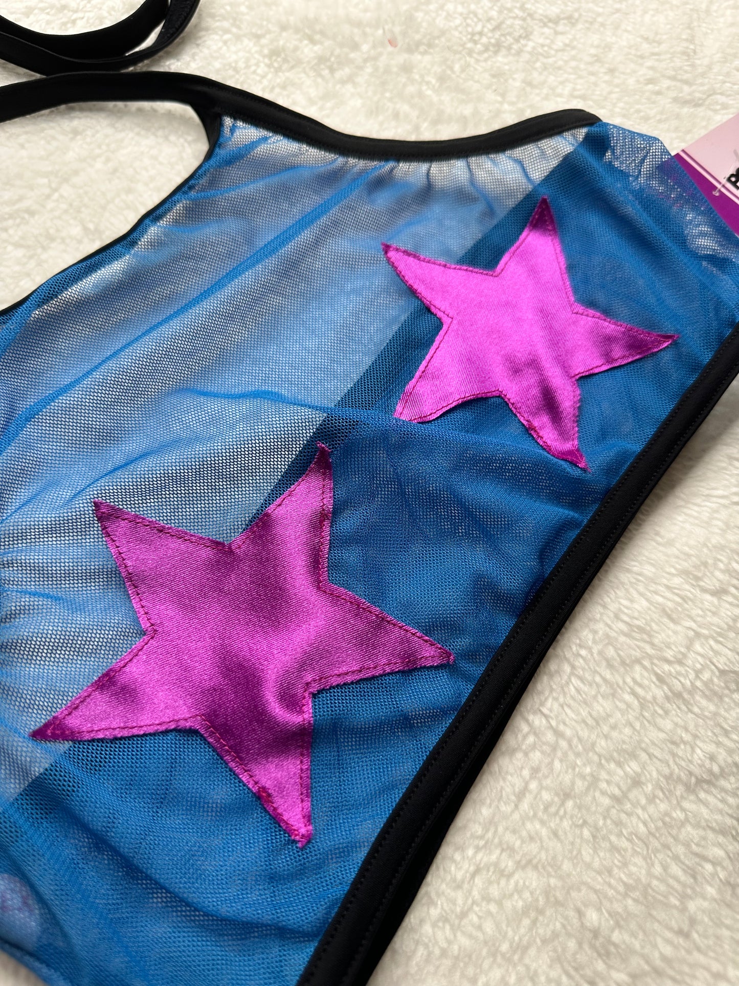 Top Halter de Malla con Estrellas – Pole Dance, Fitness, Twerk y Swimwear ✨⭐ azul/rosa satinado