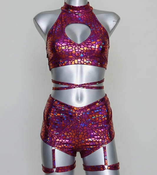 Conjunto corazón holograma rosa tornasol