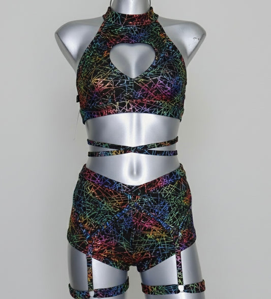 Conjunto corazón holograma rayado colores