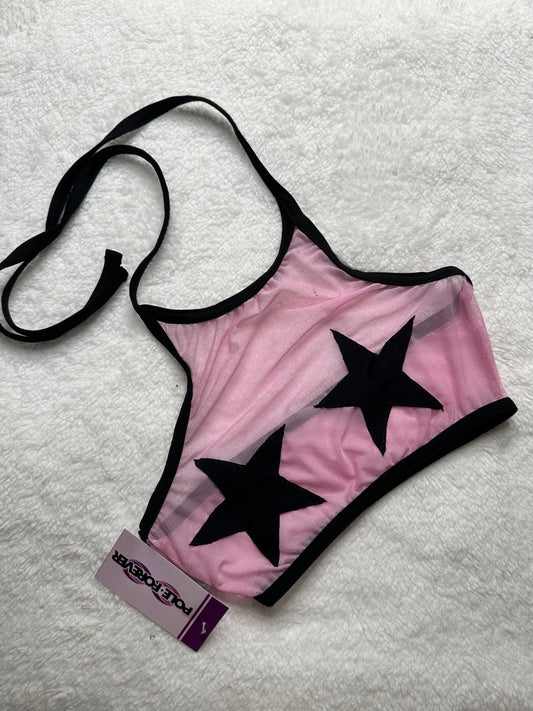 Top Halter de Malla con Estrellas – Pole Dance, Fitness, Twerk y Swimwear ✨⭐ rosa/negro