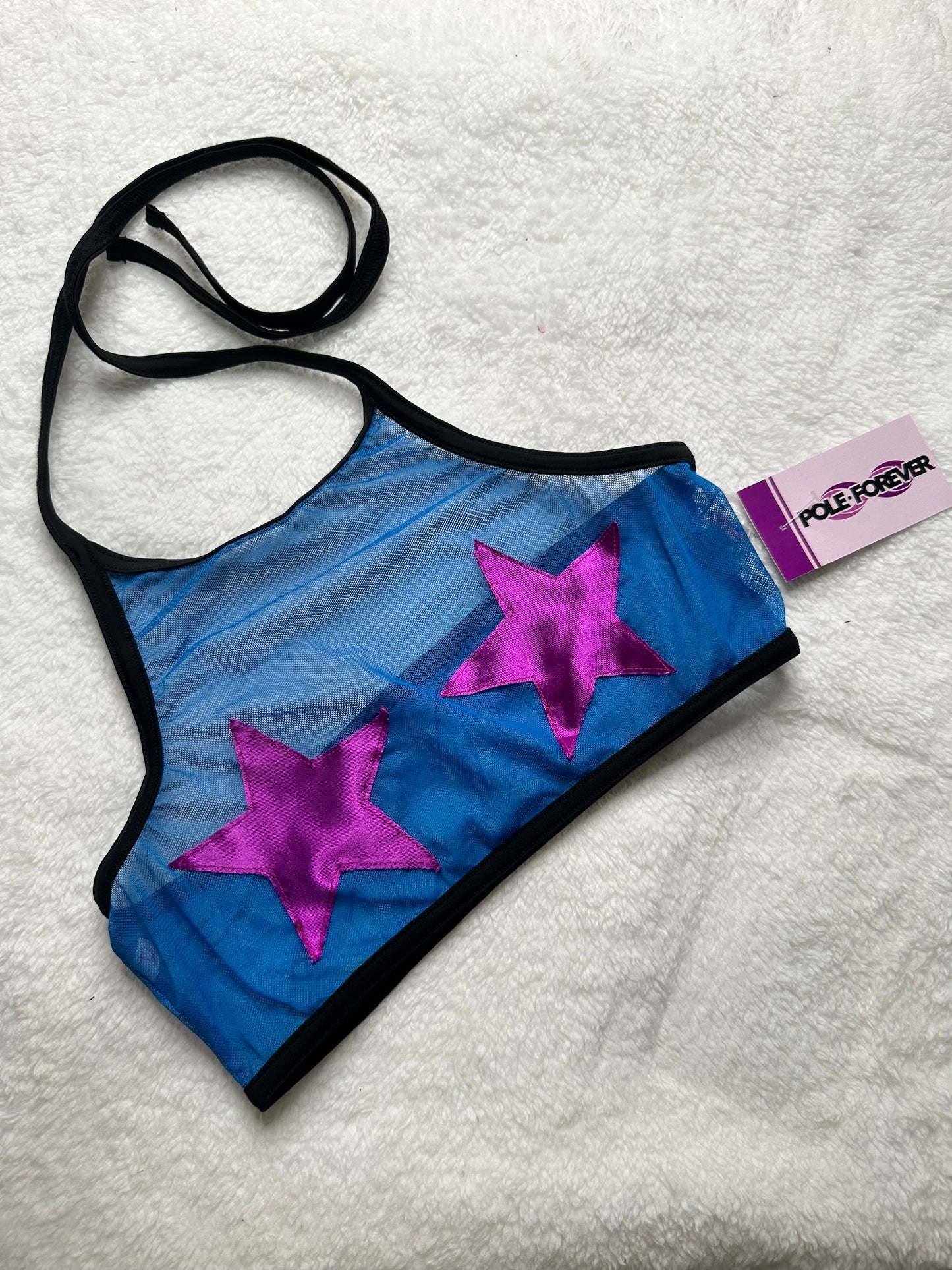Top Halter de Malla con Estrellas – Pole Dance, Fitness, Twerk y Swimwear ✨⭐ azul/rosa satinado