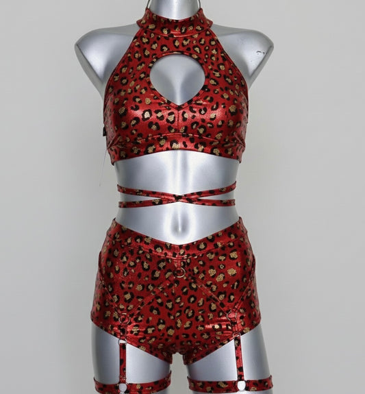 Conjunto corazón holograma rojo/dorado animal print