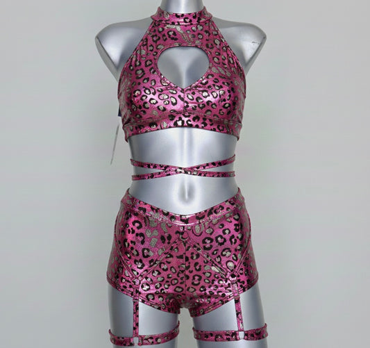 Conjunto corazón holograma rosa animal print