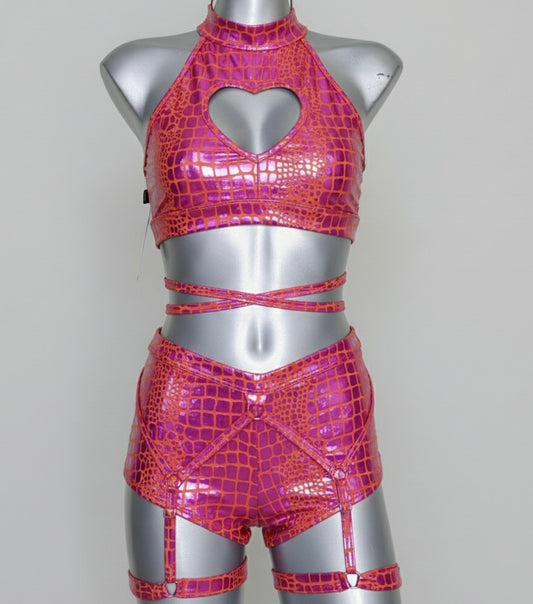 Conjunto corazón holograma rosa tornasol dragón