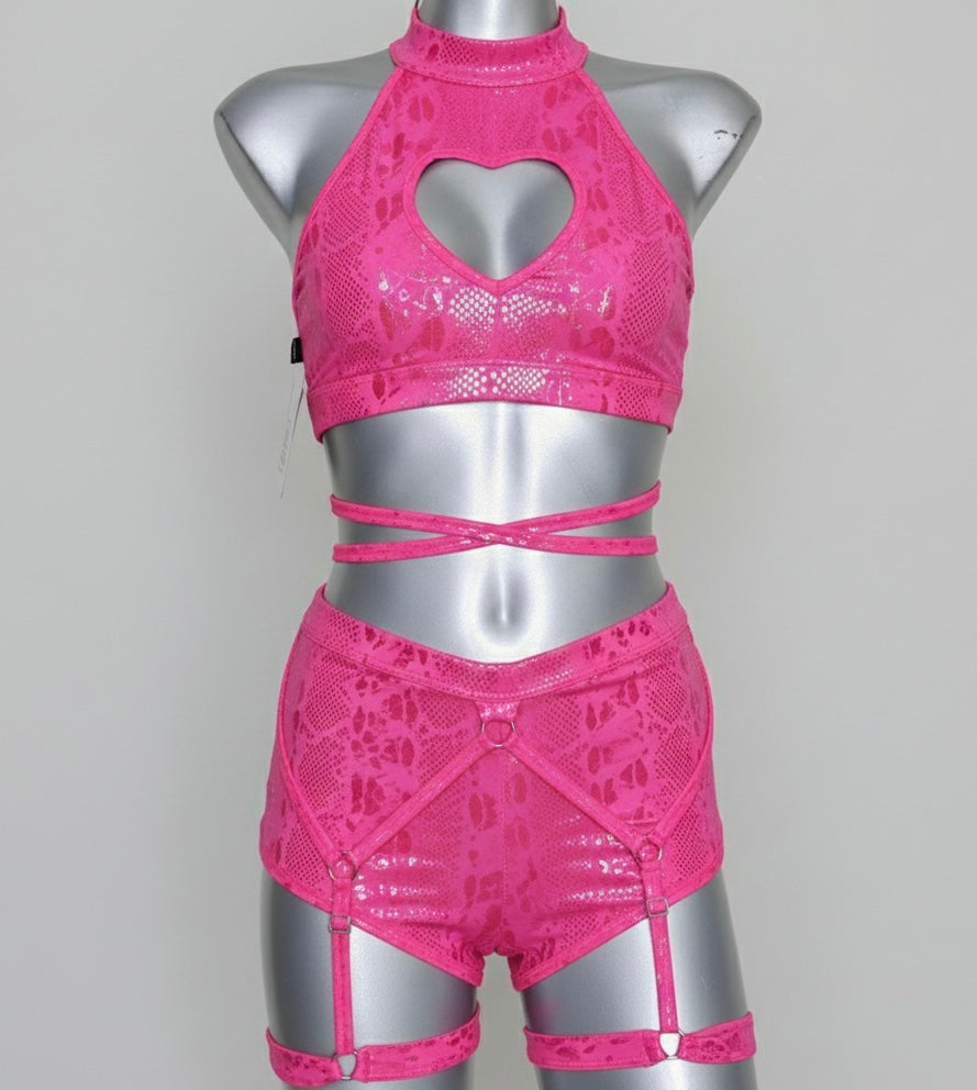 Conjunto corazón holograma rosa dragon