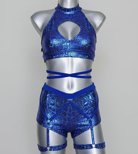 Conjunto corazón holograma azul rayado