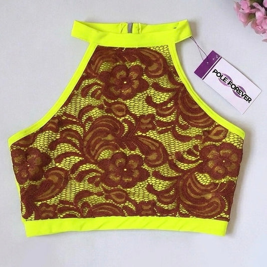 Top halter encaje ladrillo/amarillo